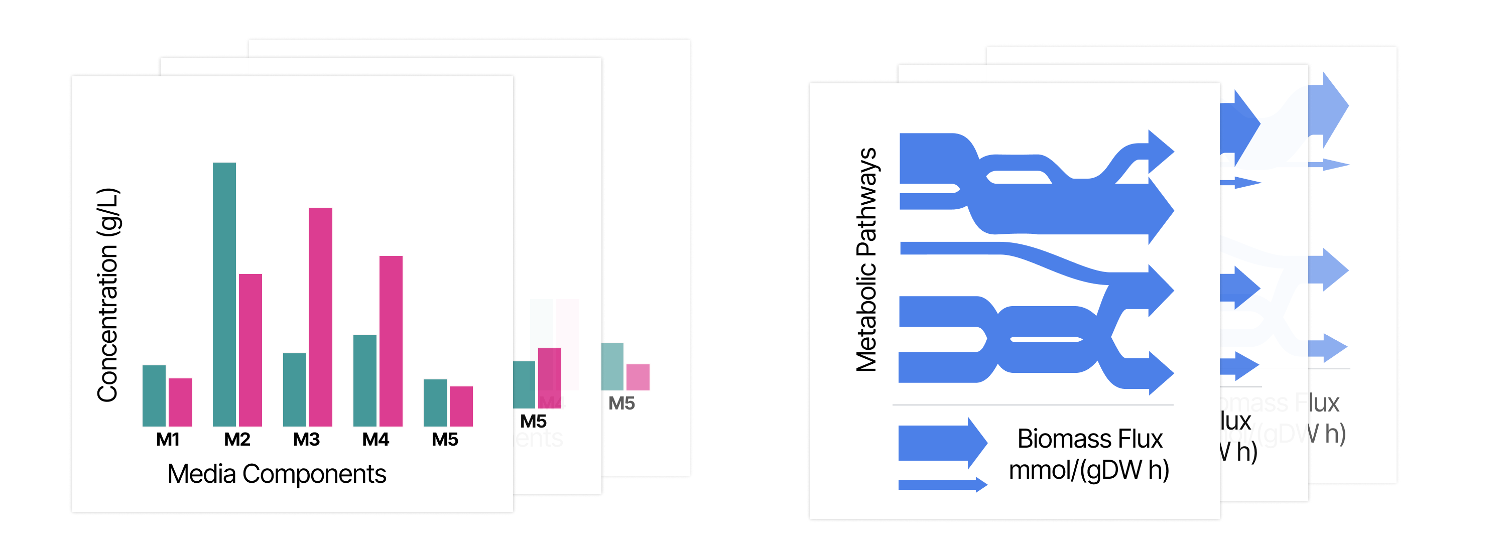 Bar chart of media component concentrations and a Sankey diagram of metabolic pathway flux, each repeated across thousands of simulated variations